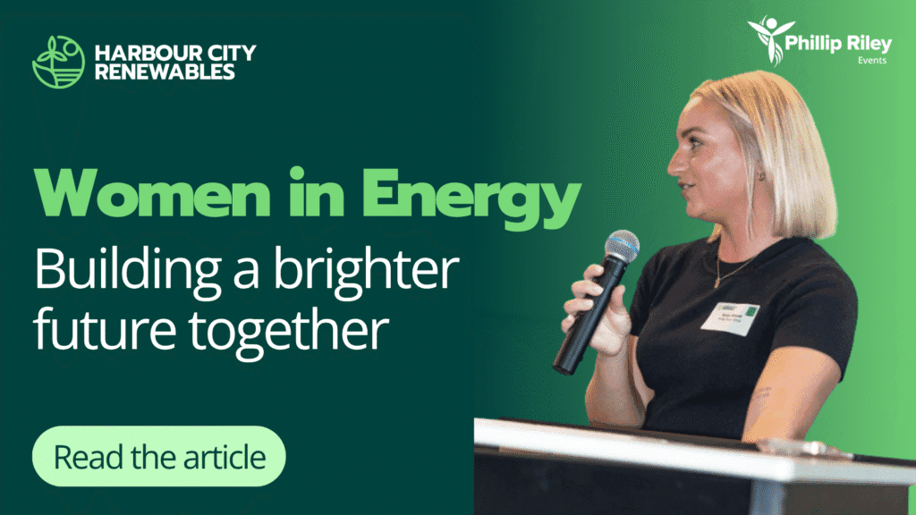 Blog banner with Women in Energy: building a brighter future and image of Katie-Marie presenting at the event